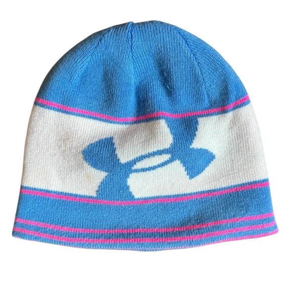 Under Armour Reversible Knit Beanie Hat Running Cap Pink Blue White Logo O/S - Picture 1 of 6